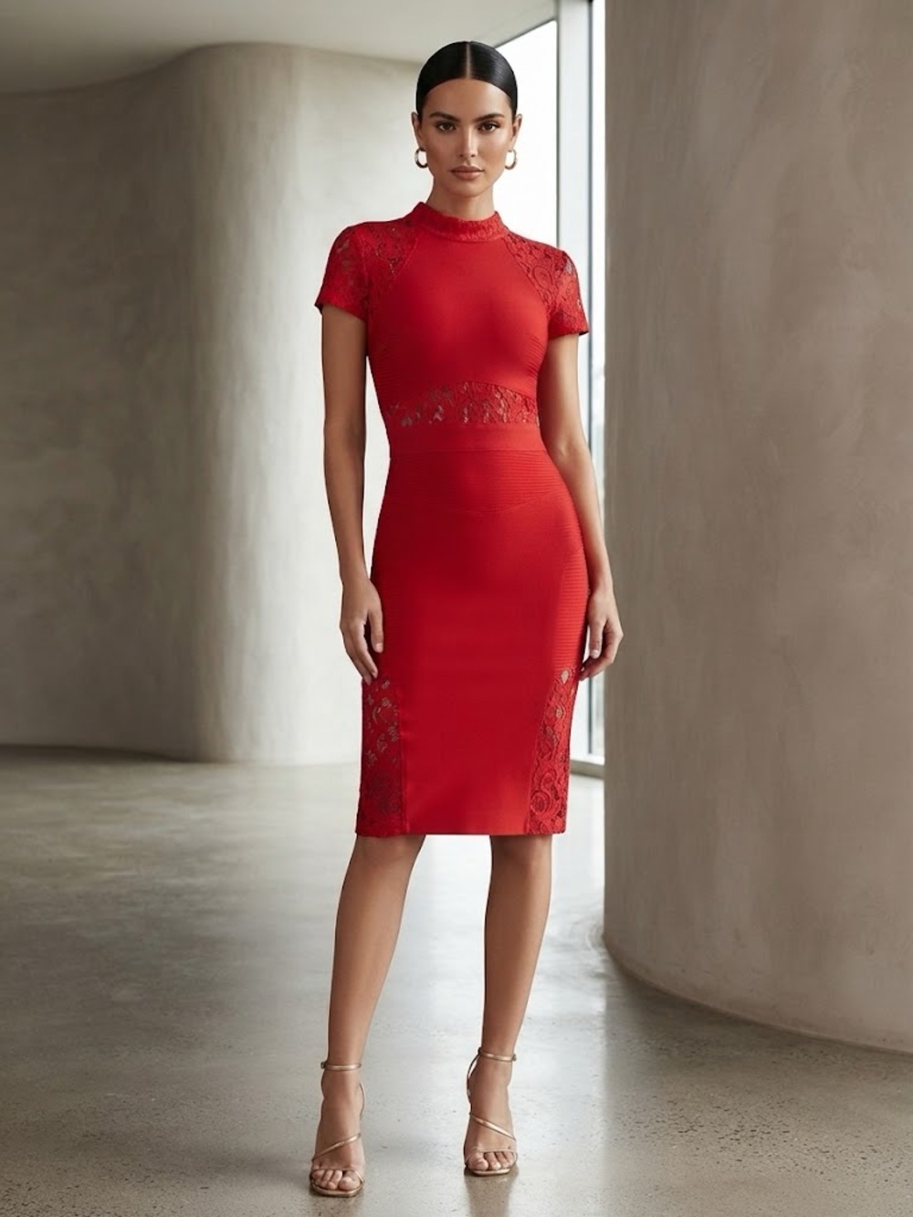 House of elegance Red Lace Bandage Bodycon Midi Dress Short Sleeve Back Zip S